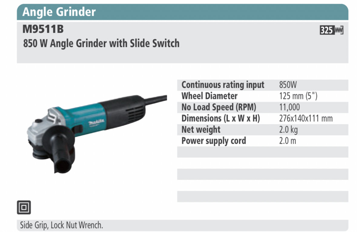 MAKITA Angle Grinder with slide switch, 850W
