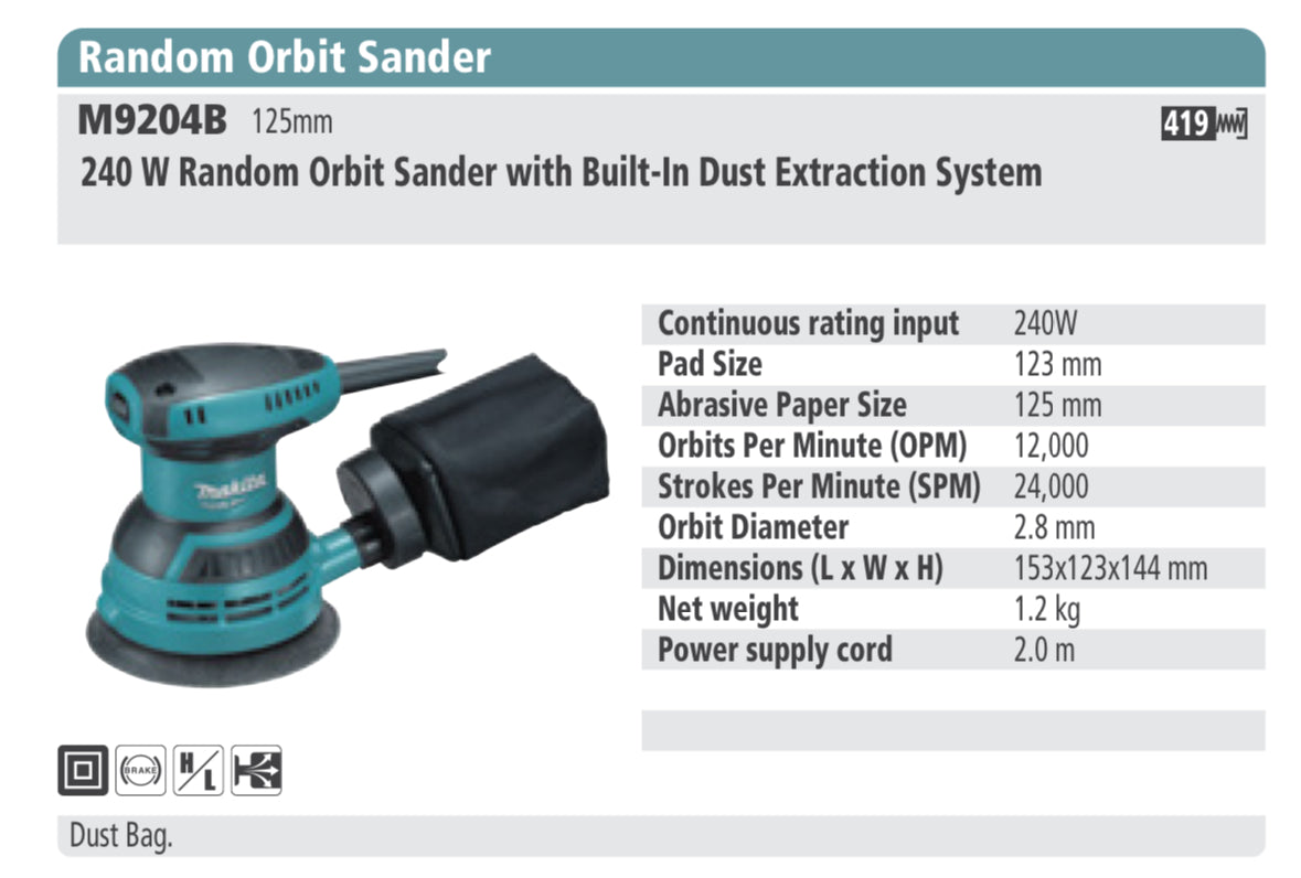 MAKITA M9204B Random Orbit Sander with Built in Dust Extraction System,125mm abrasive paper size, 240W