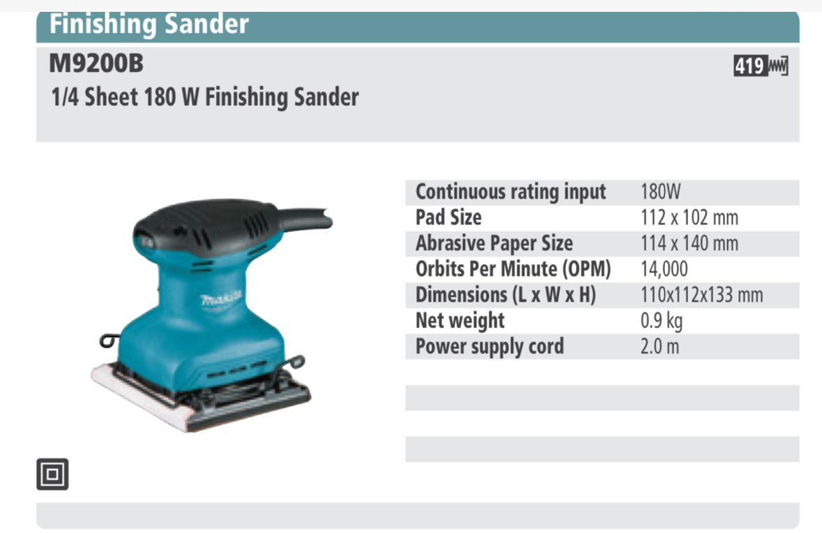 MAKITA M9200B 1/4 sheet 180W Finishing Sander, 112 X 102mm pad size