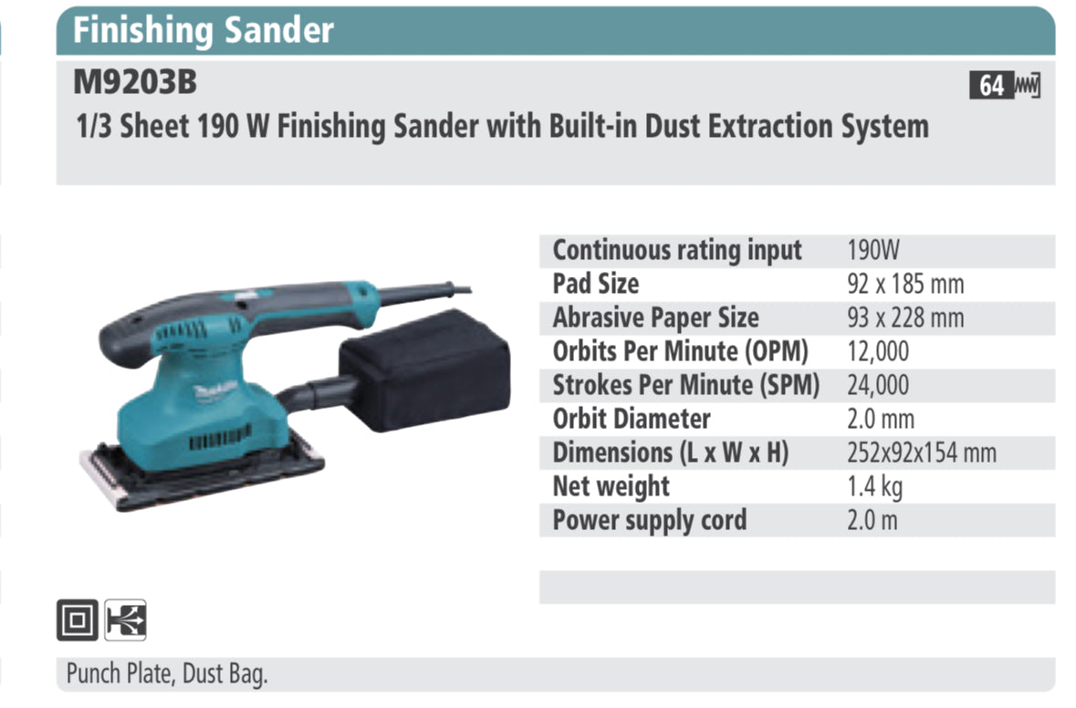 MAKITA M9203B 1/3 Sheet 190W Finishing Sander with Built-in Dust Extraction System