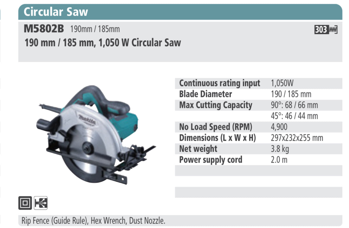 MAKITA M5802B Circular Saw 190mm/185mm blade diameter 1050W
