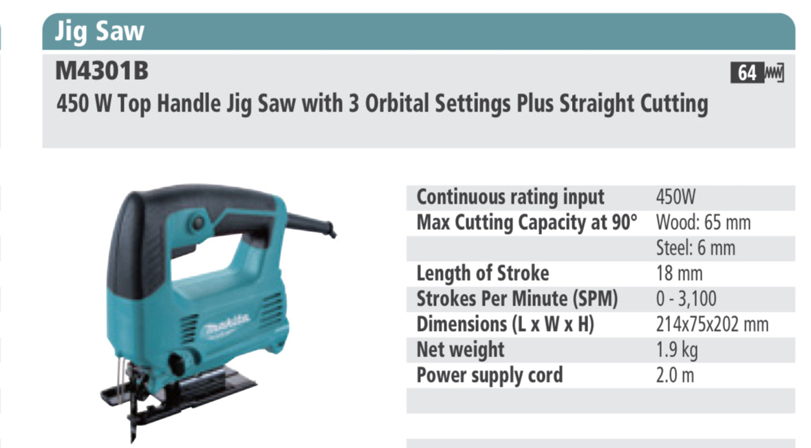 MAKITA M4301B JIG SAW Top handle Jig Saw with 3 orbital settings plus straight cutting, 450W