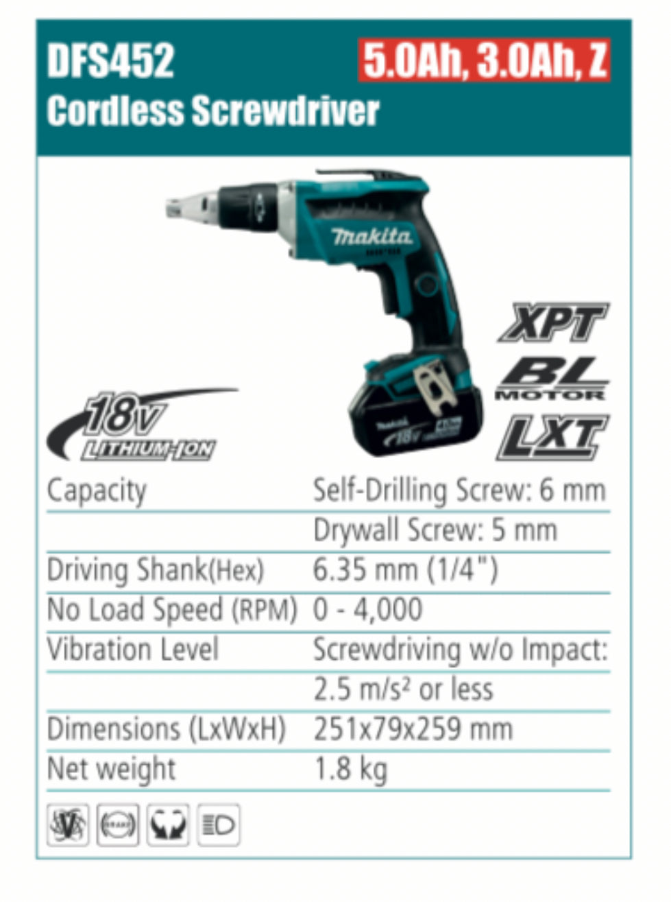 MAKITA DFS452 Cordless screwdriver without battery