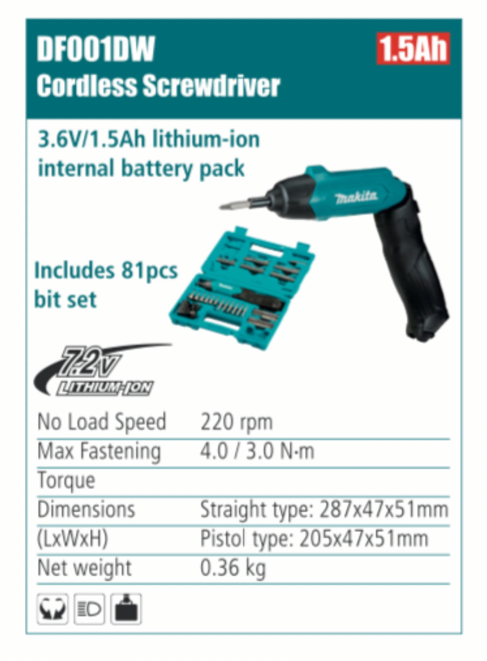 MAKITA DF001DW Cordless screwdriver includes 81 pcs bits set