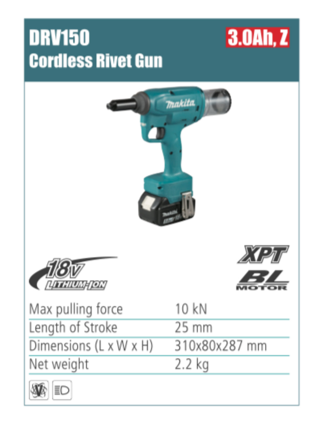 MAKITA DRV150 Cordless Rivet Gun 25mm length of stroke without battery