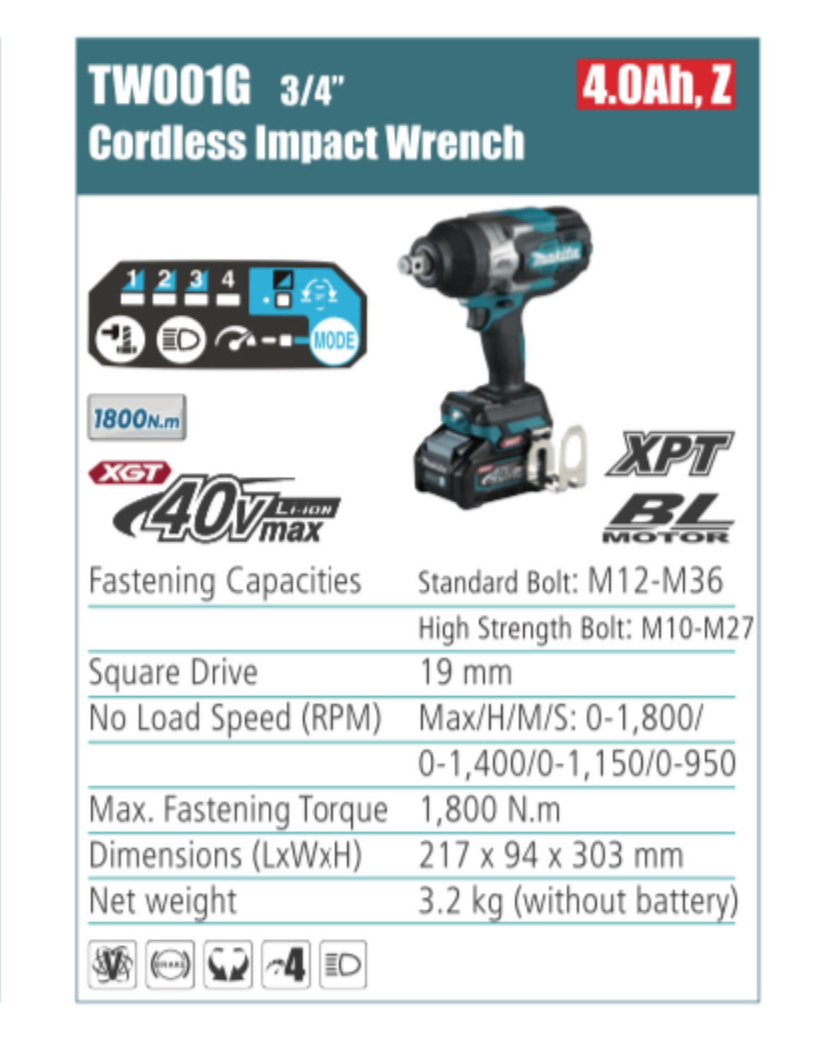 MAKITA TW001G 3/4'' Cordless Impact Wrench, without battery
