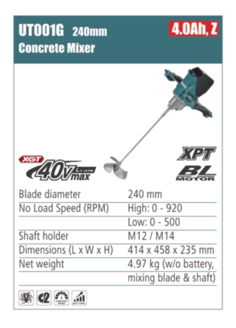 MAKITA UT001G Concrete mixer 240mm blade diameter, without battery, mixing blade and shaft