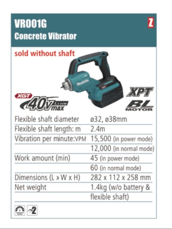 MAKITA VR001G Concrete vibrator without battery and flexible shaft