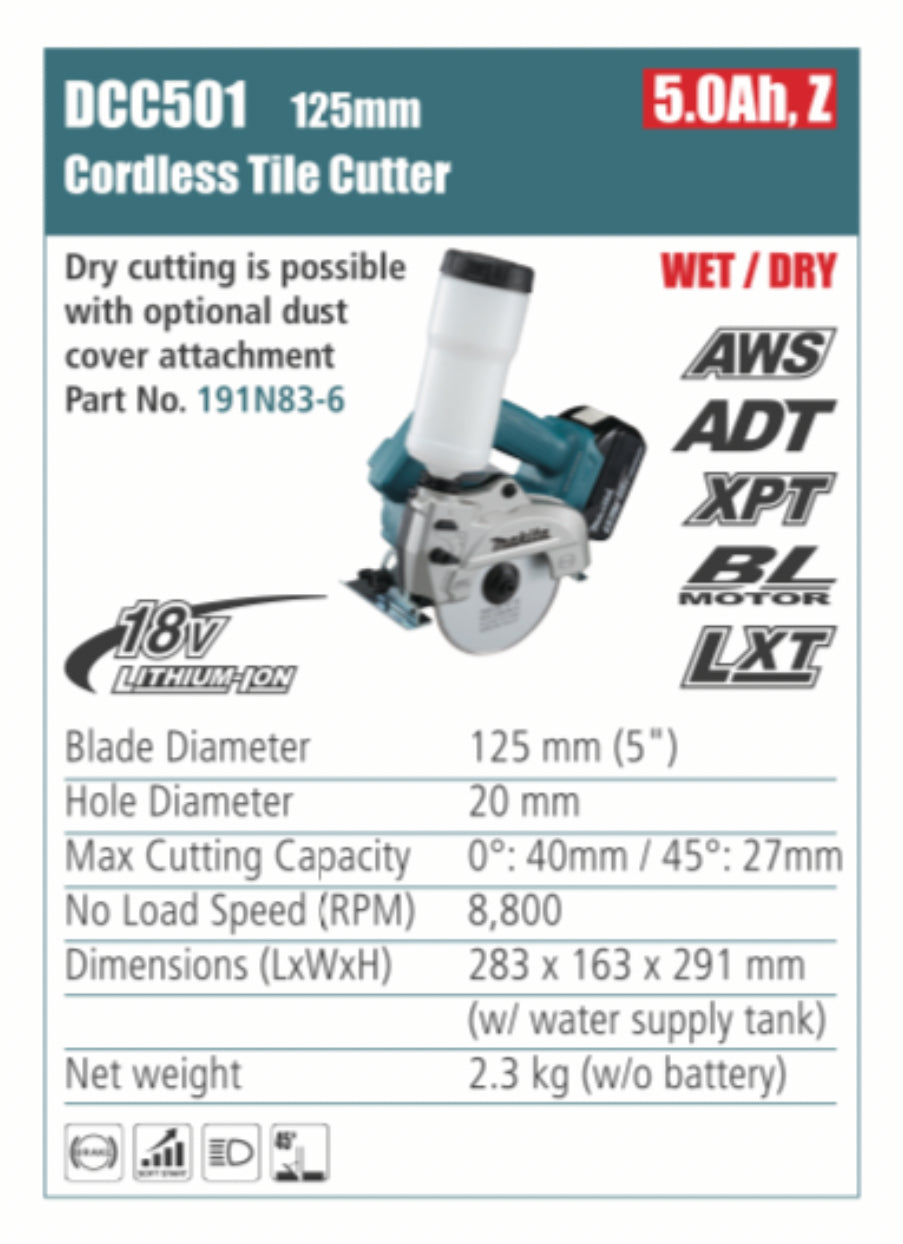 MAKITA DCC501 Cordless Tile Cutter 125mm blade diameter, without battery