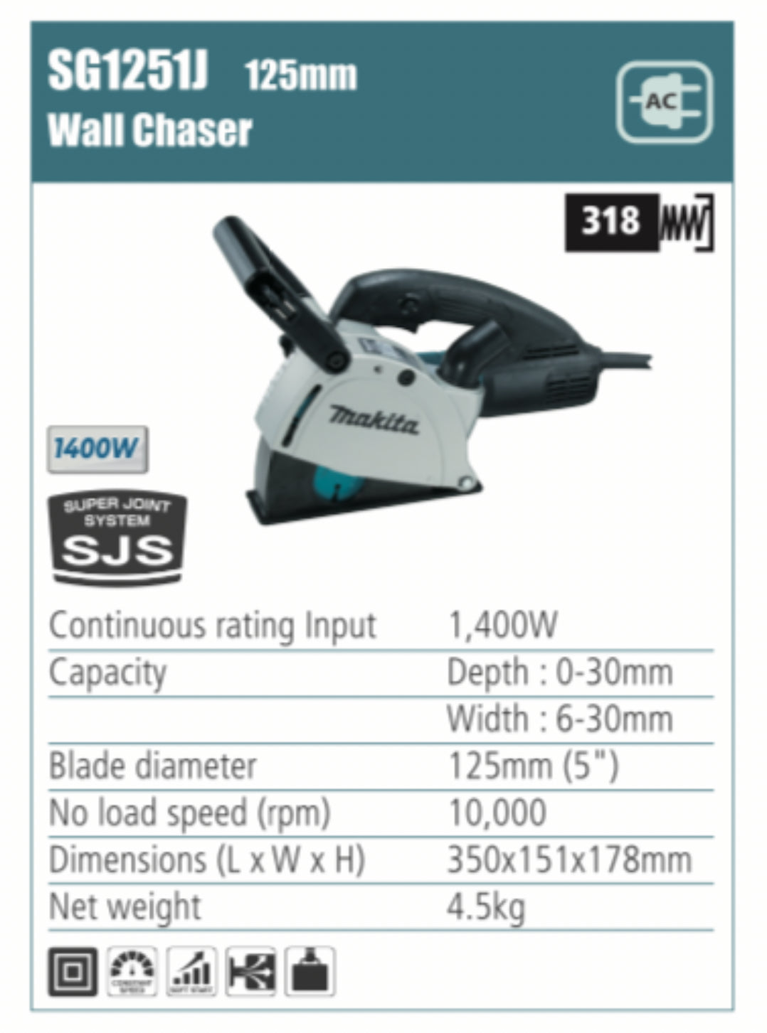 MAKITA SG1251J Wall Chaser, 125mm blade diameter, 1400W