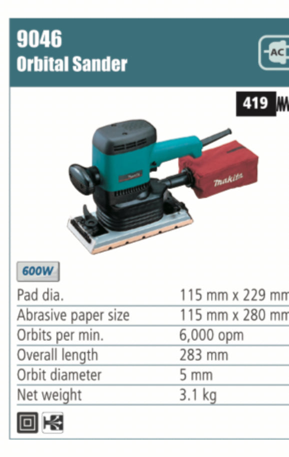 MAKITA 9046 Orbital Sander 115mm x 280mm abrasive paper size, 600W