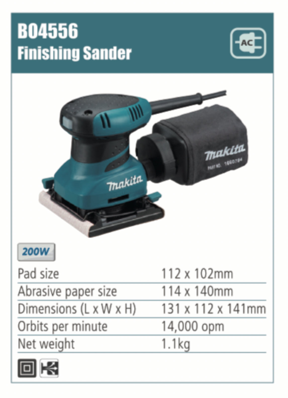 MAKITA B04556 Finishing Sander 112 X 102mm pad size, 200W