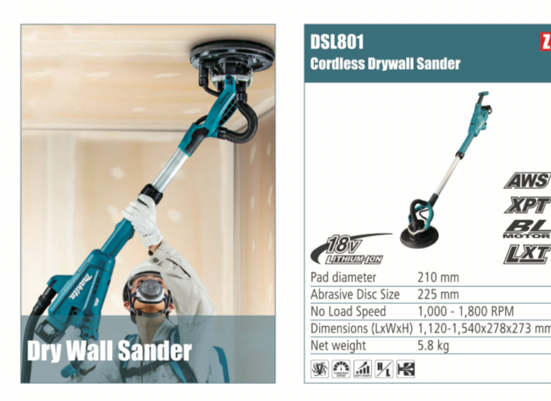 MAKITA DSL801 Cordless Drywall Sander, 225mm abrasive disc diameter