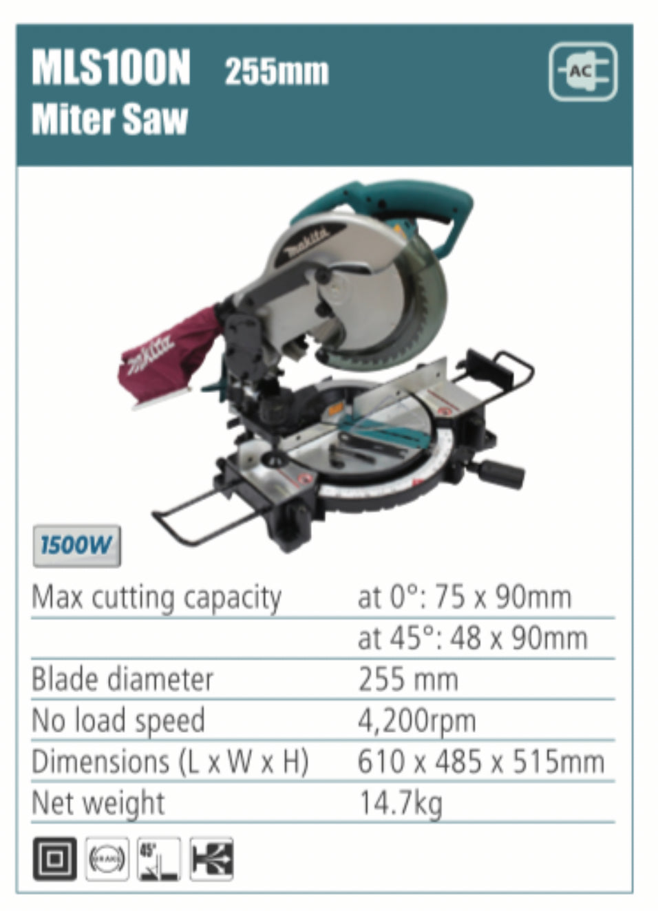 MAKITA MLS100N Miter Saw 255mm blade diameter, 1500W