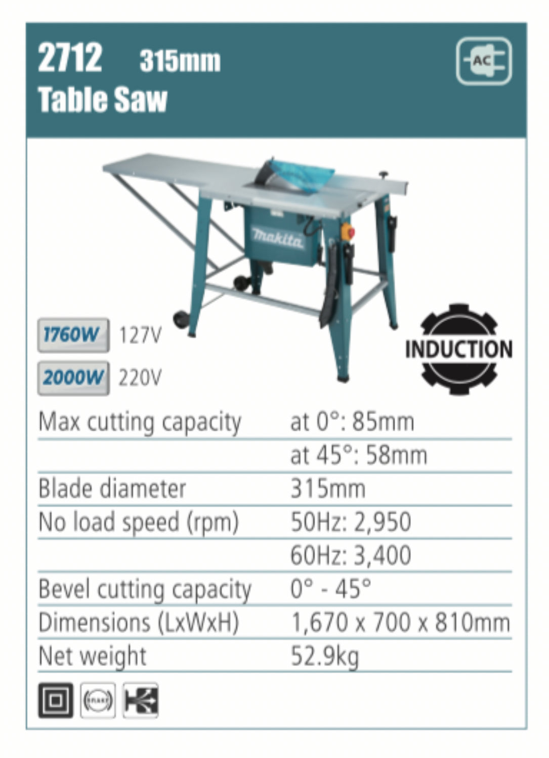 MAKITA 2712 Table Saw, 315mm blade diameter, 1760W/2000W