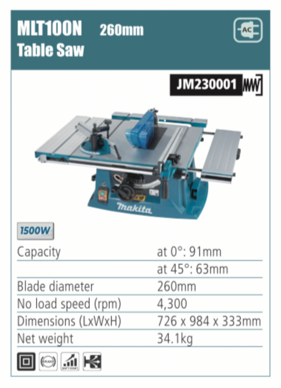 MAKITA MLT100N Table saw 260mm blade diameter, 1500W