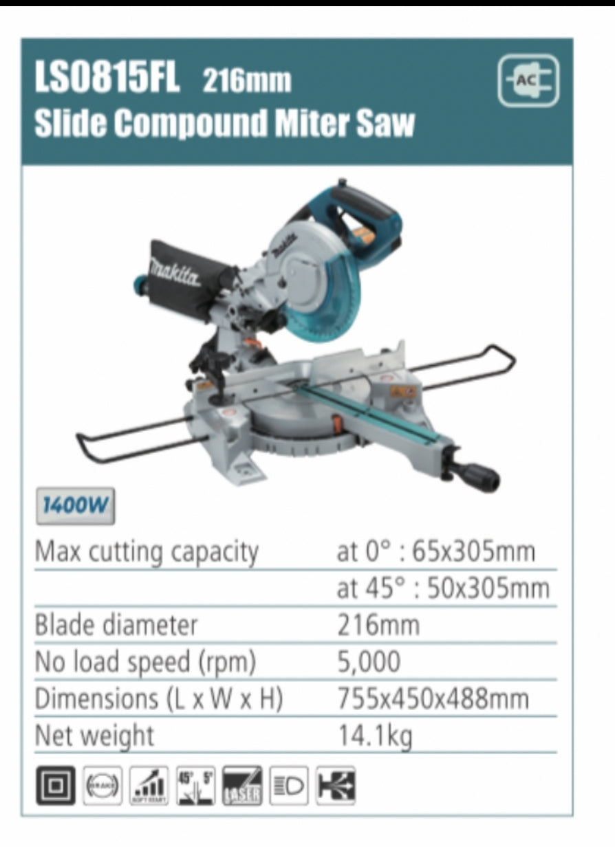MAKITA LS0815FL Slide Compound Miter Saw 216mm blade diameter, 1400W