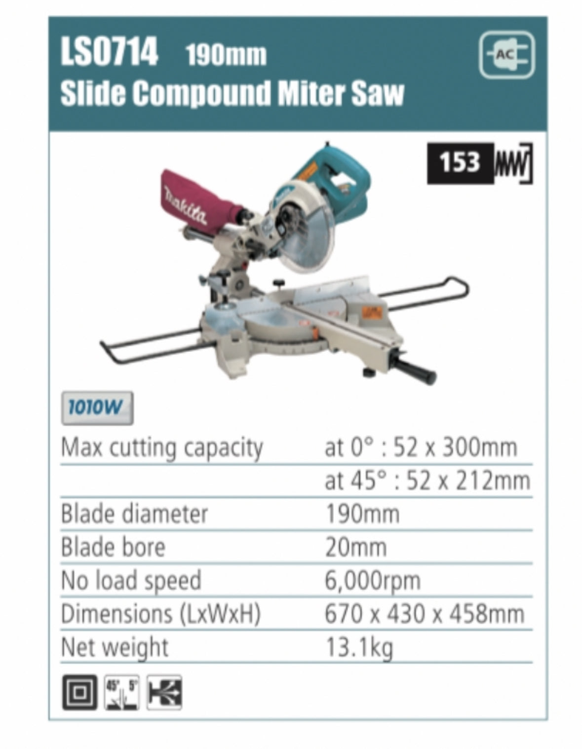 MAKITA LS0714 Slide Compound Miter Saw, 190mm blade diameter,1010W