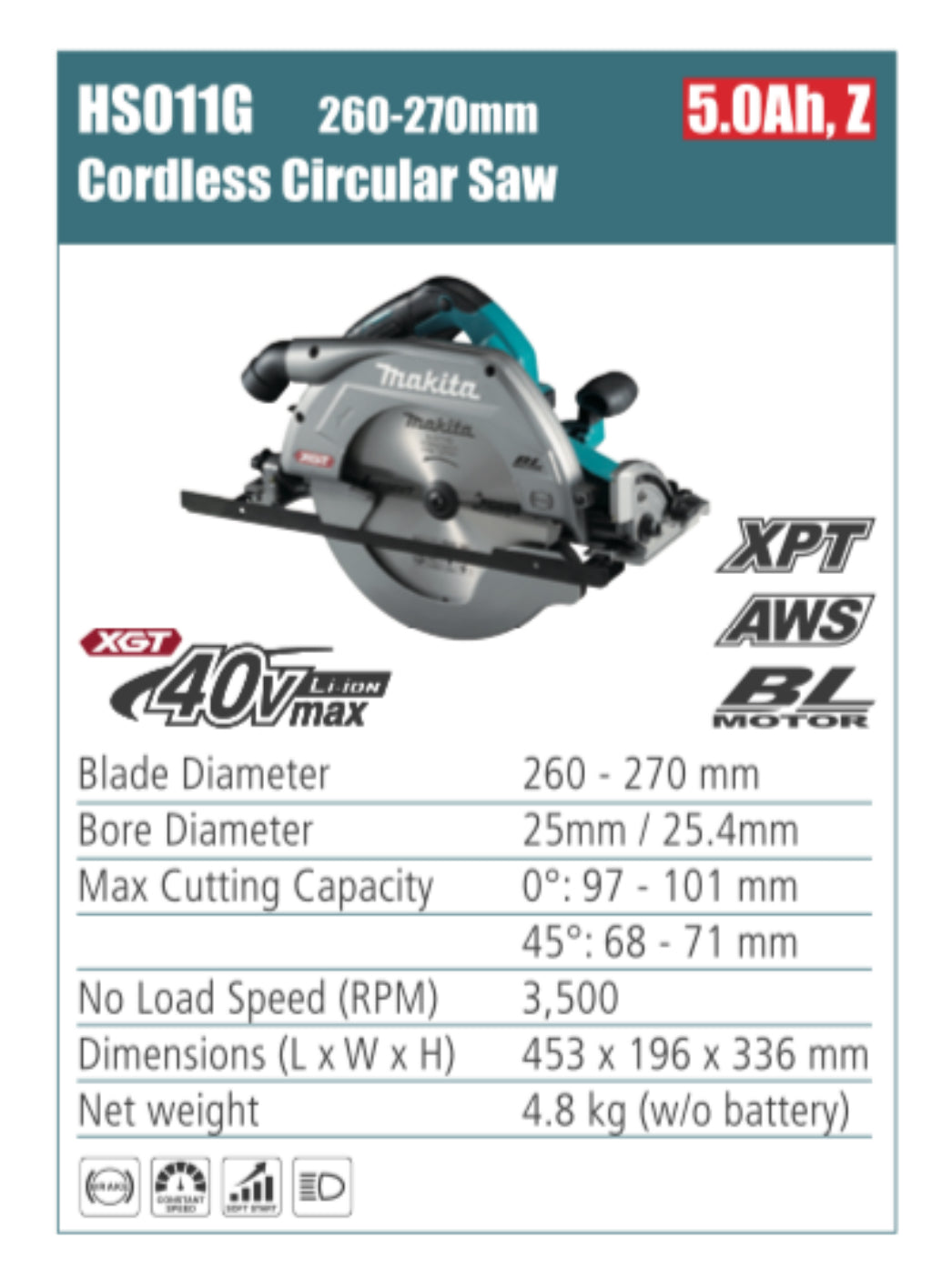 MAKITA Cordless circular saw 235/270 blade diameter, without battery