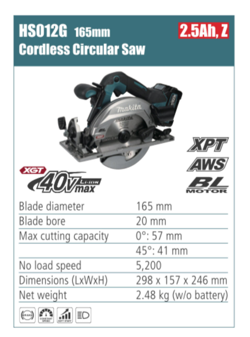 MAKITA HS012G cordless circular saw 165mm blade diameter, without battery