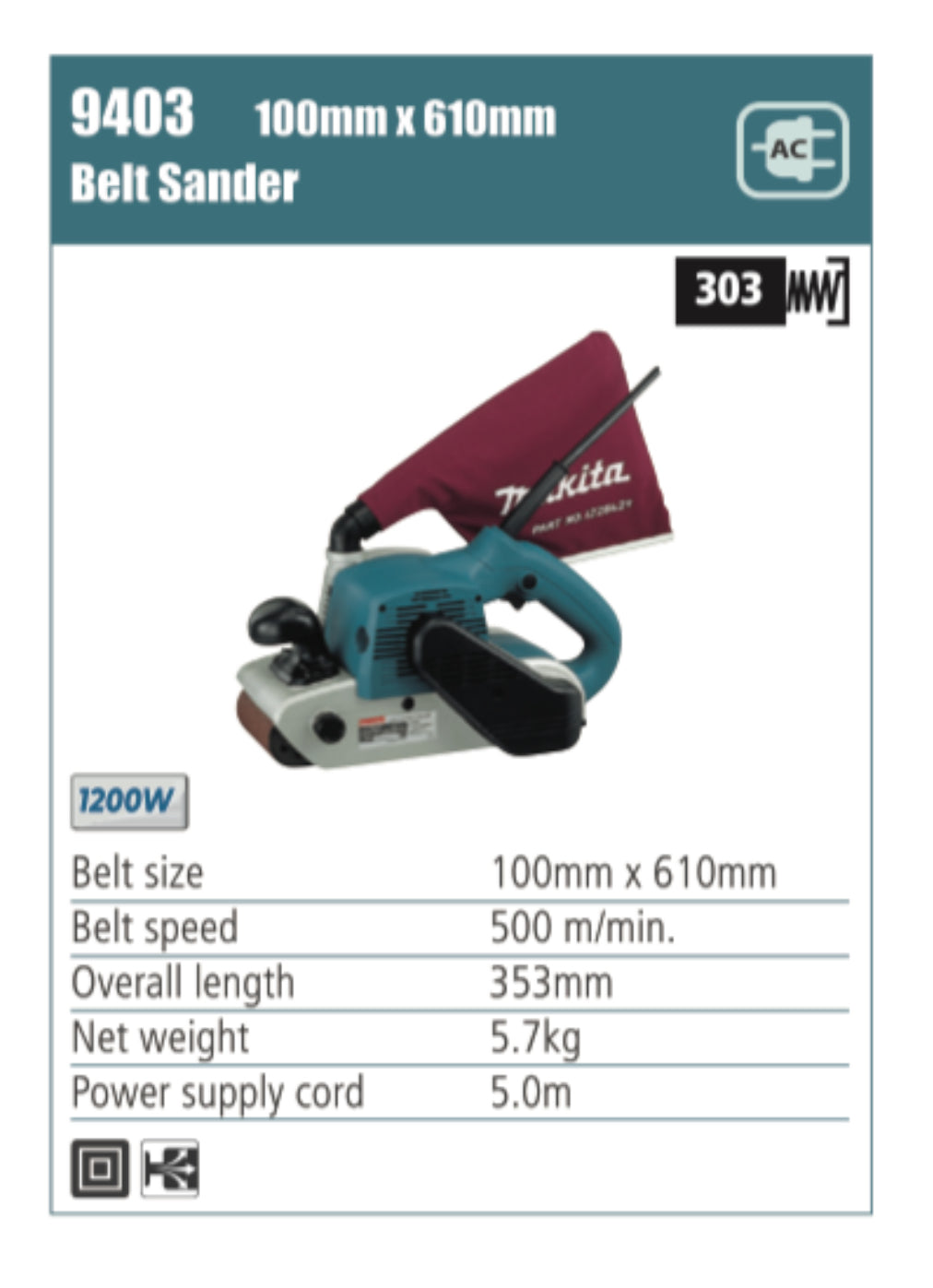 MAKITA 9403, 100mm x 610mm Belt Sander 1200W