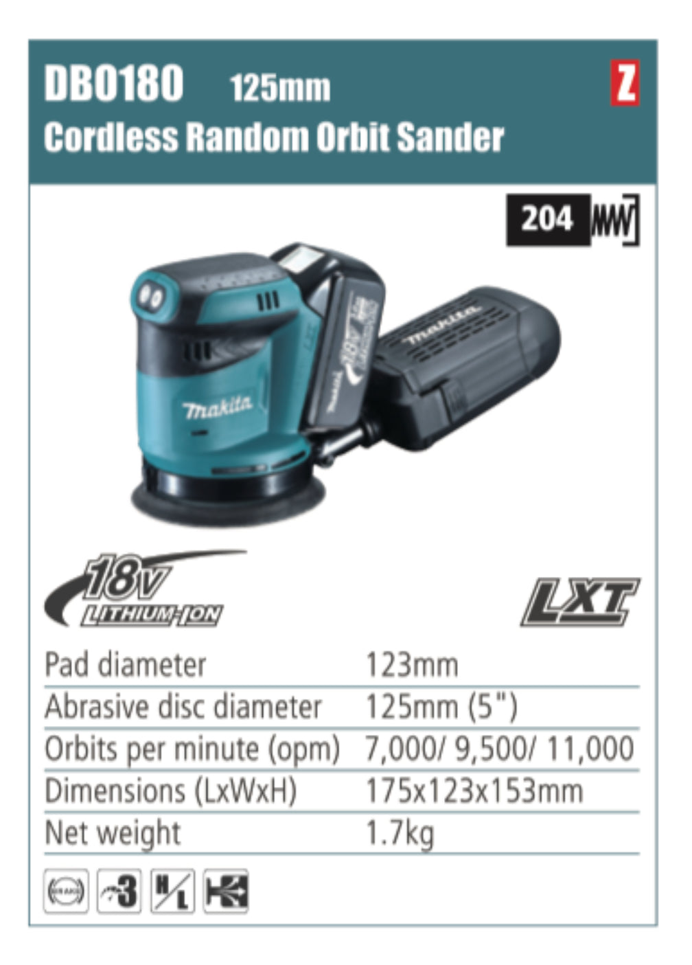 MAKITA DBO180 Cordless Random Orbit Sander 125mm abrasive disc diameter without battery