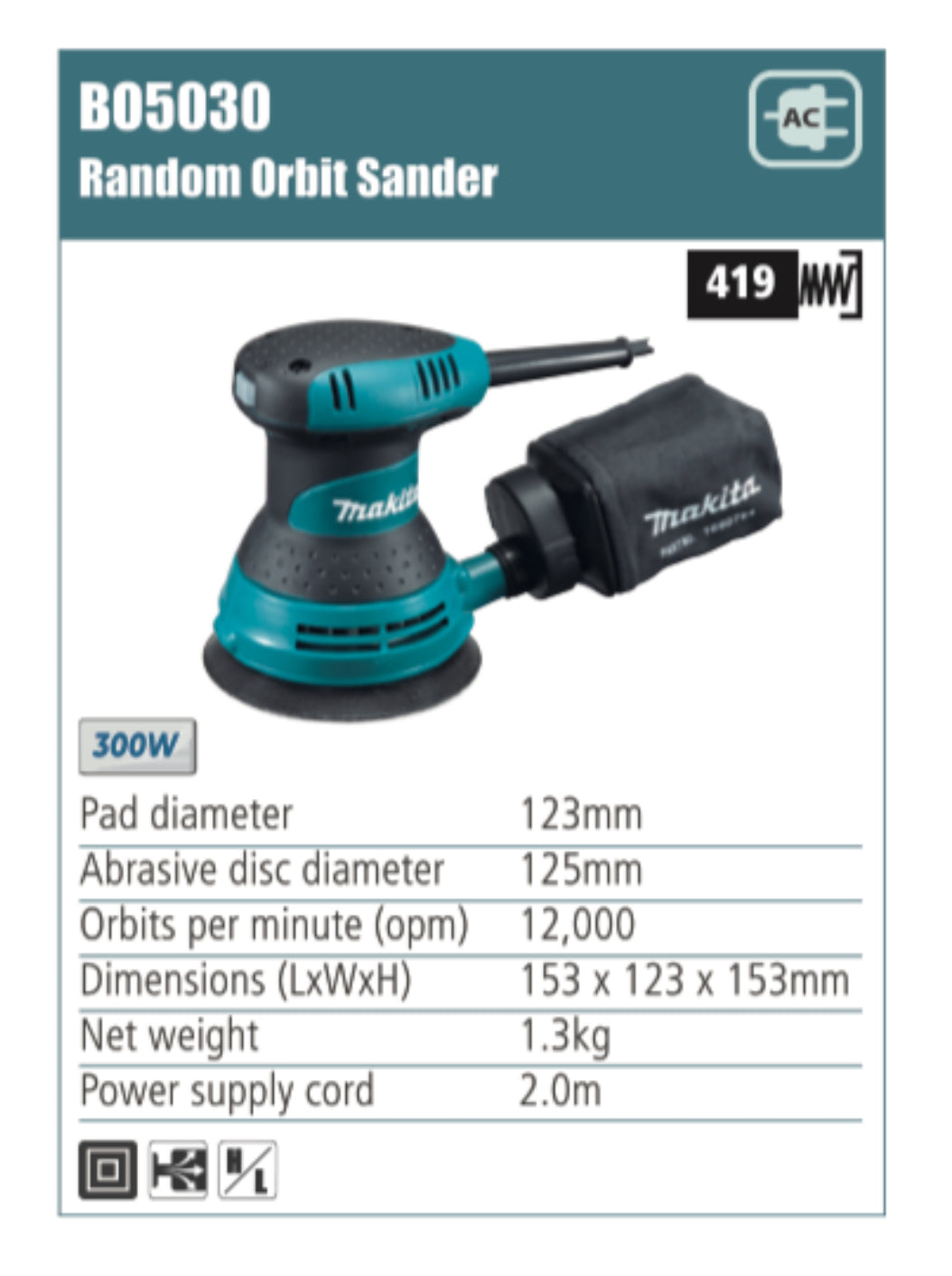 MAKITA B05030 Random Orbit Sander 123mm pad diameter, 300W