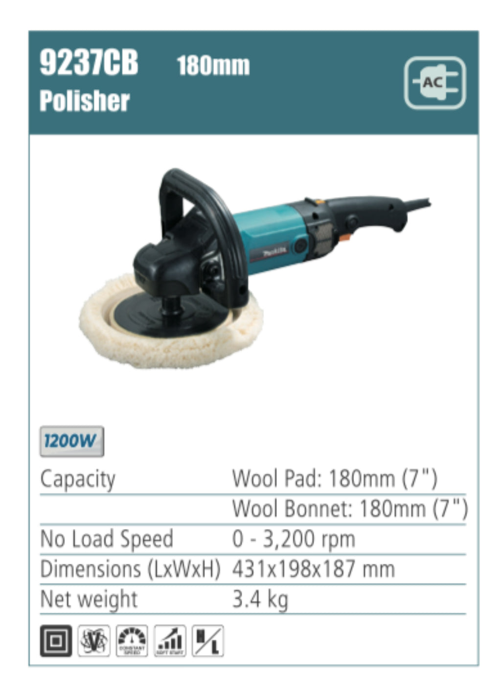 MAKITA 9237CB, 180mm polisher 1200W
