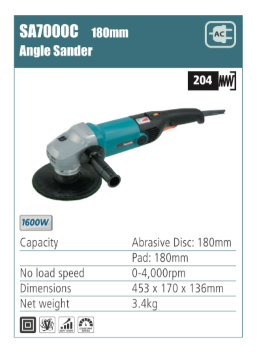 MAKITA SA7000C, 180mm Angle Sander 1600W