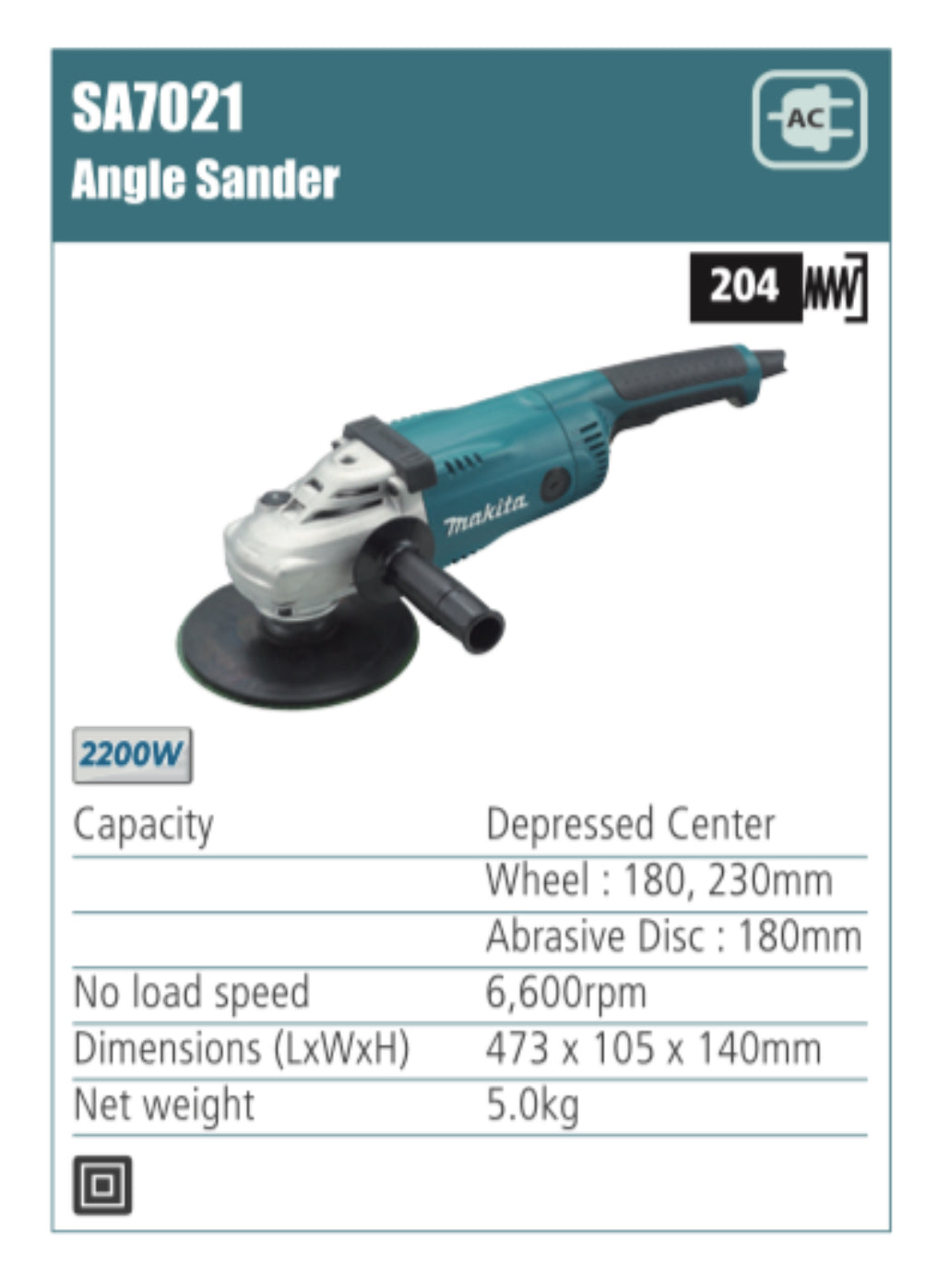 MAKITA SA7021 Angle Sander, 180mm abrasive disc diameter,2200W