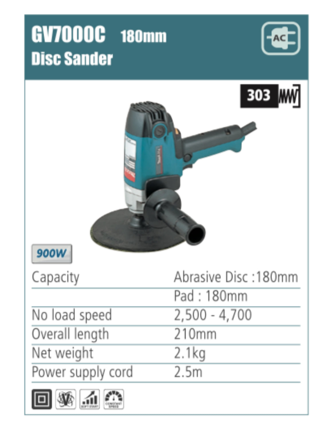 MAKITA GV7000C Disc Sander 180mm abrasive disc diameter, 900W