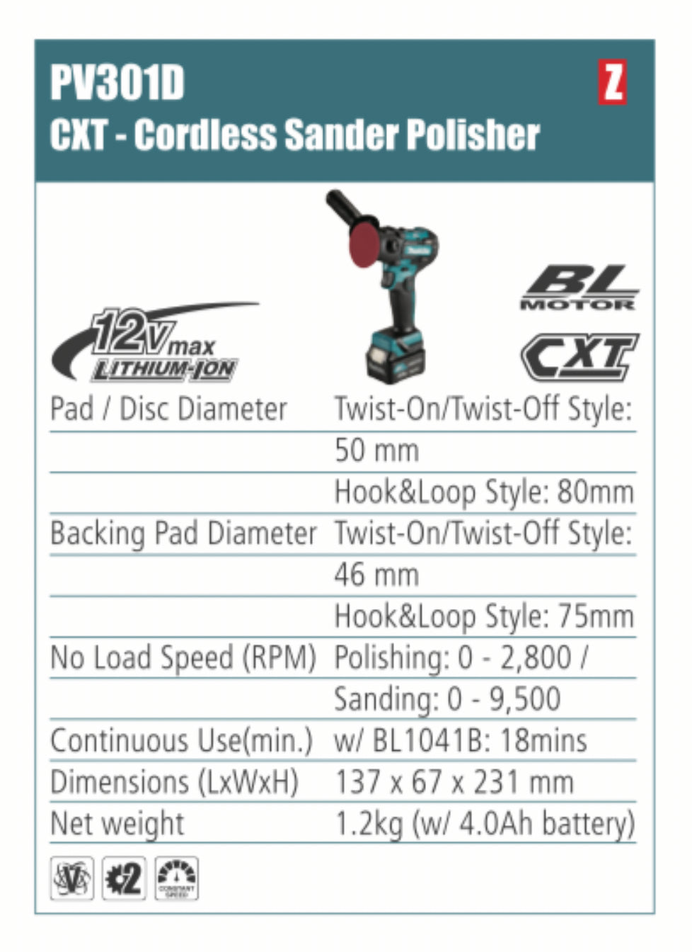 MAKITA Cordless Sander Polisher 50mm pad diameter, without battery