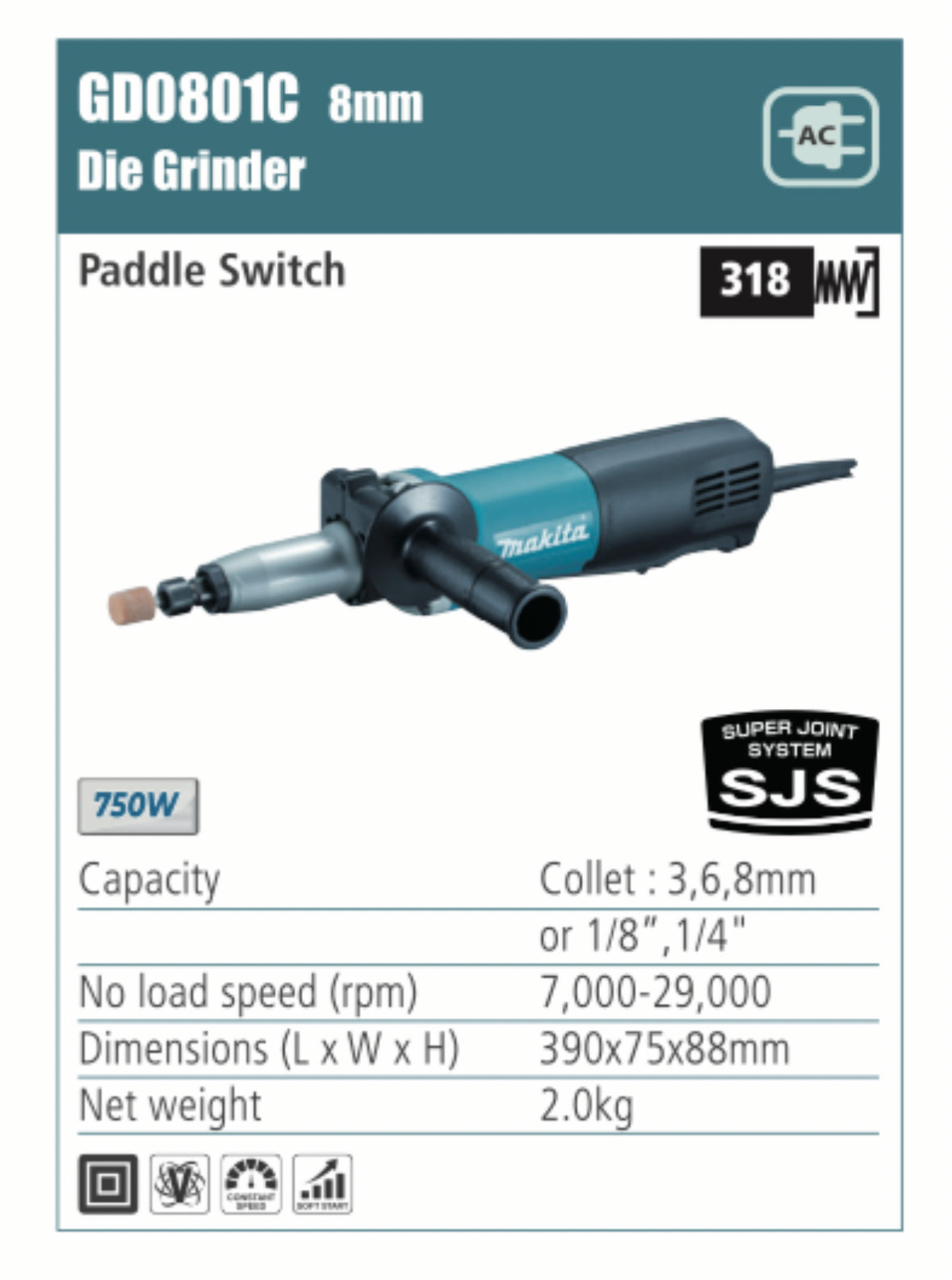 MAKITA 8mm Die Grinder with paddle switch, 750W