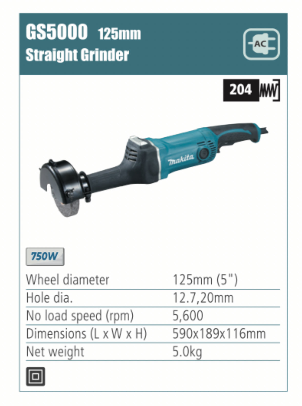 MAKITA Straight Grinder 125/150mm wheel diameter, 750W