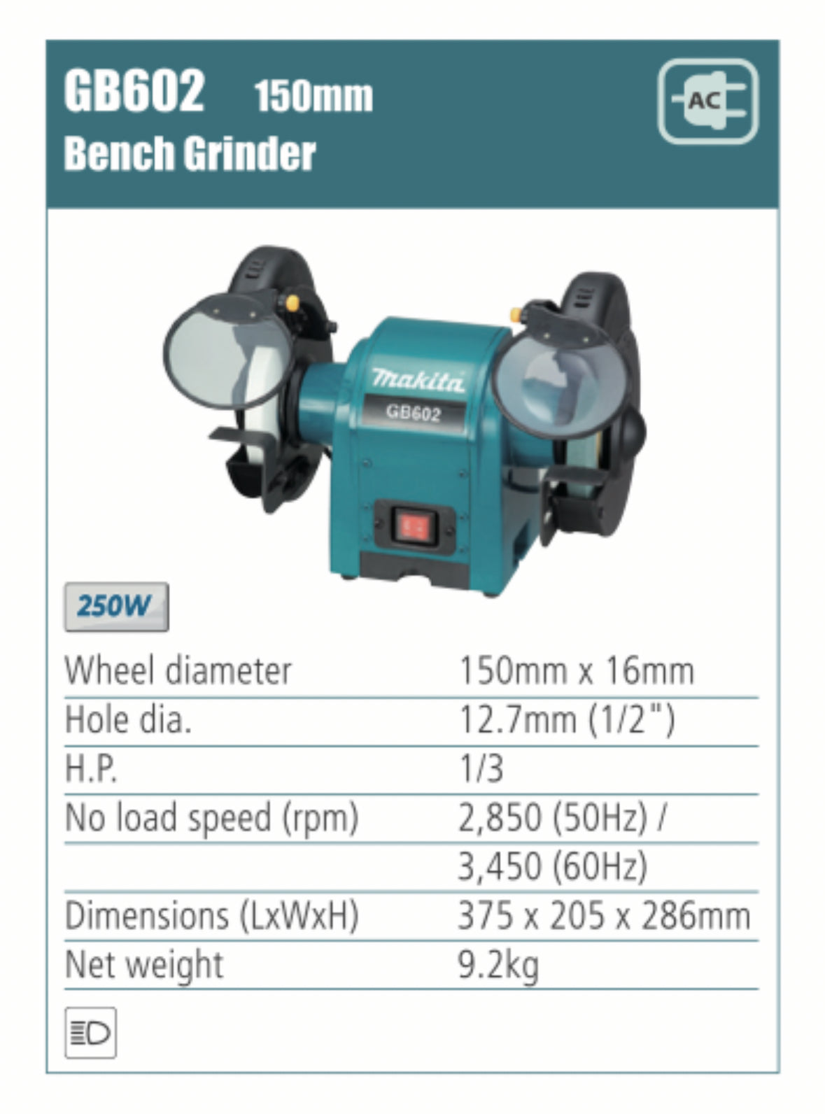 MAKITA Bench Grinder 205/150mm wheel diameter