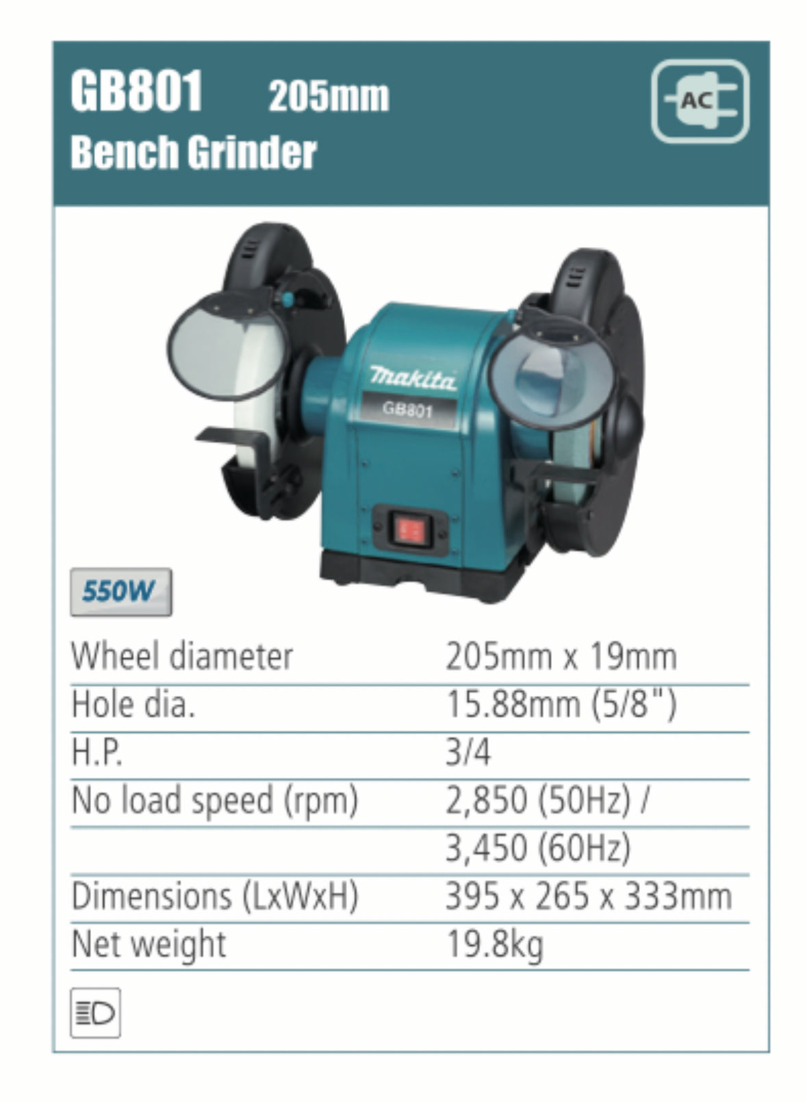 MAKITA Bench Grinder 205/150mm wheel diameter