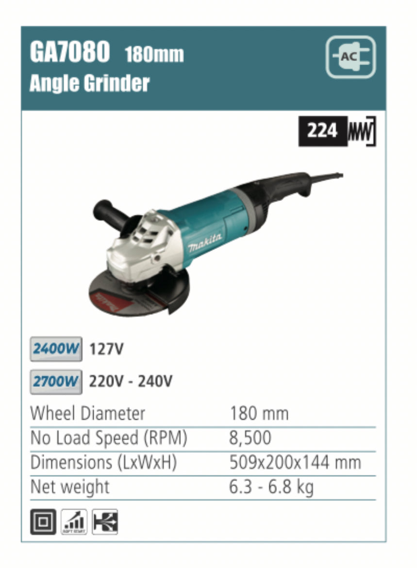 MAKITA GA7080 Angle Grinder 180mm wheel diameter 2400/2700W