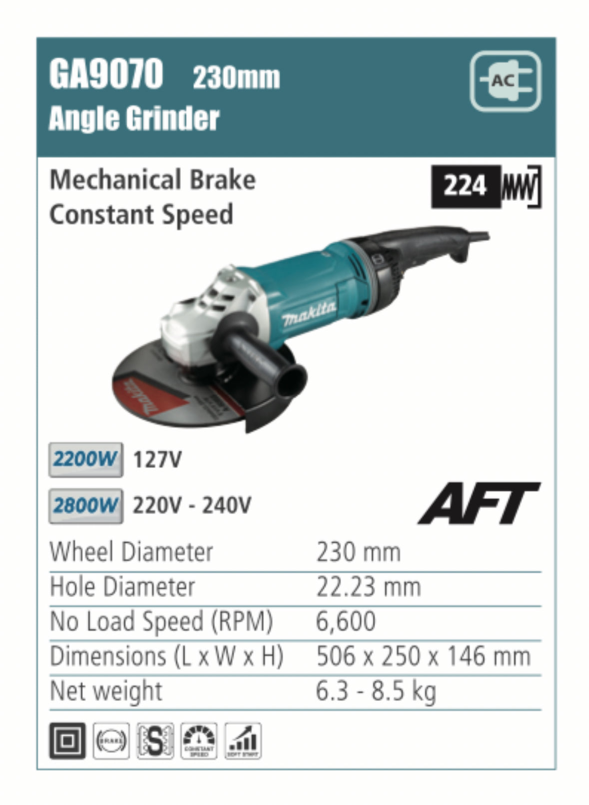 MAKITA Angle Grinder /mechanical brake constant speed 180/230mm wheel diameter 2200/2800W