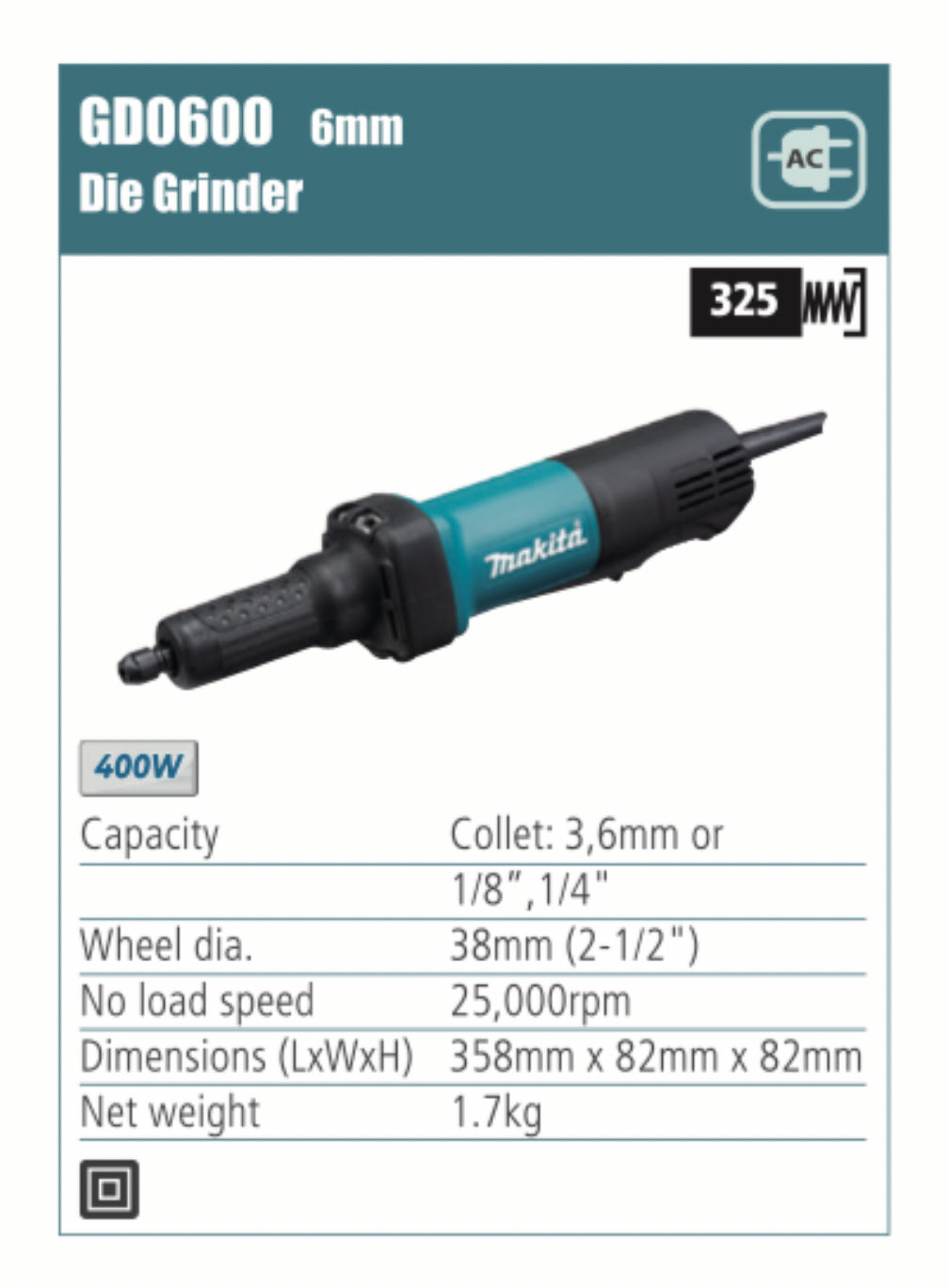 MAKITA GD0600 6mm Die Grinder, 38mm wheel diameter, 400W