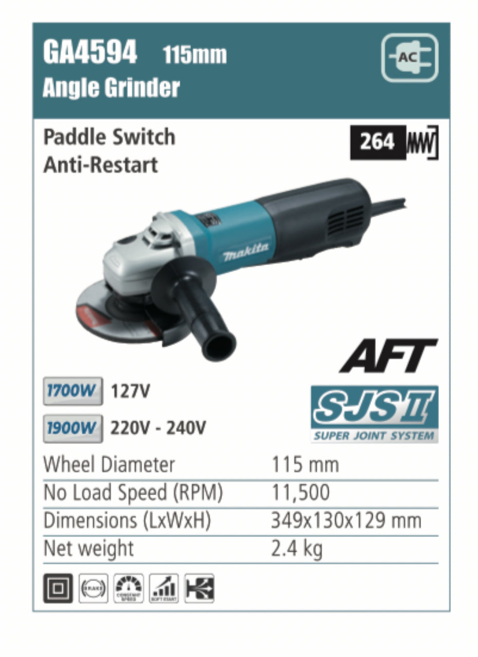 MAKITA Angle with paddle switch, anti-restart, 115mm/125mm wheel diameter, 1700W/1900W
