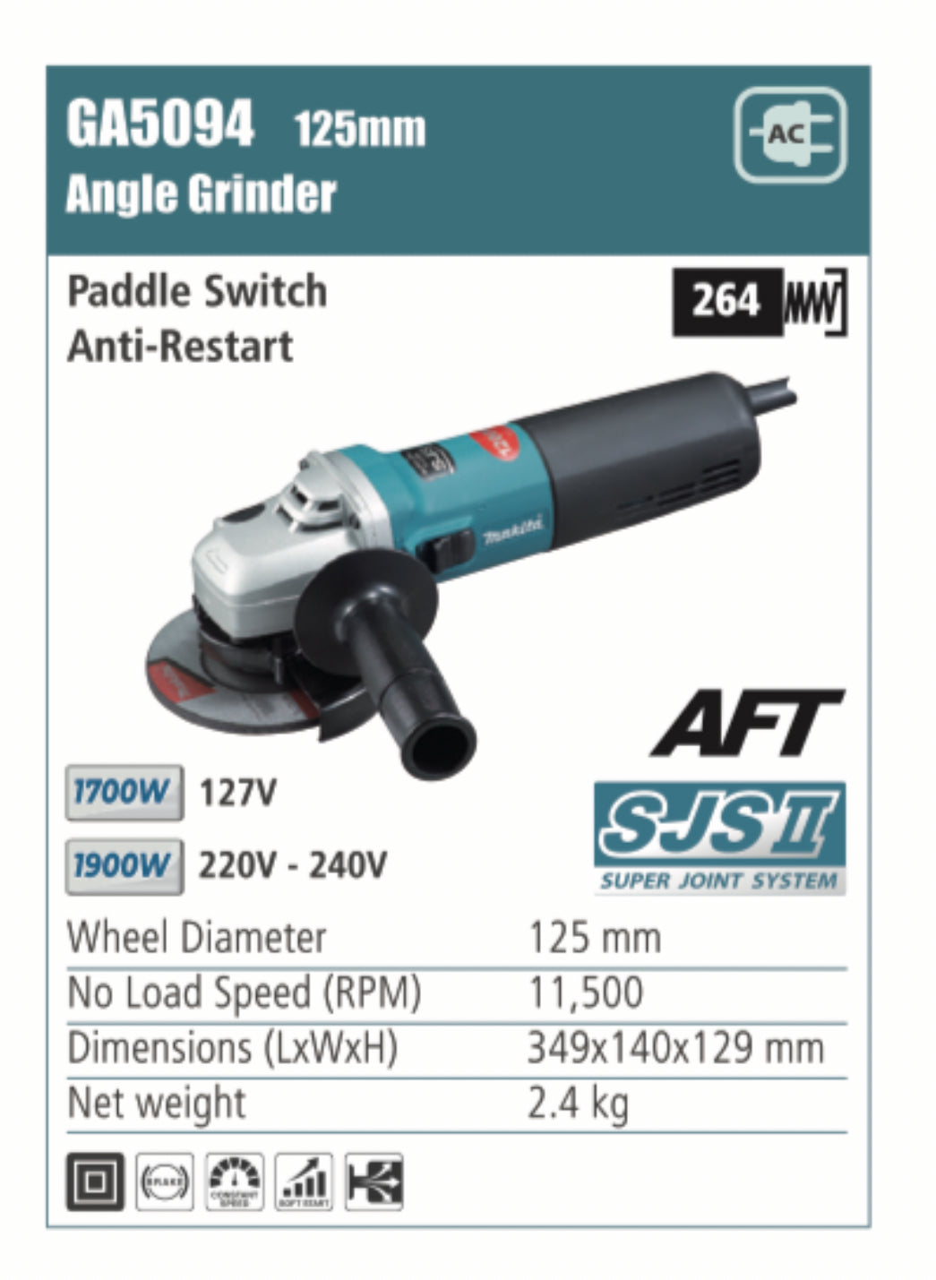 MAKITA angle grinder with paddle switch, anti-restart 1700/1900W