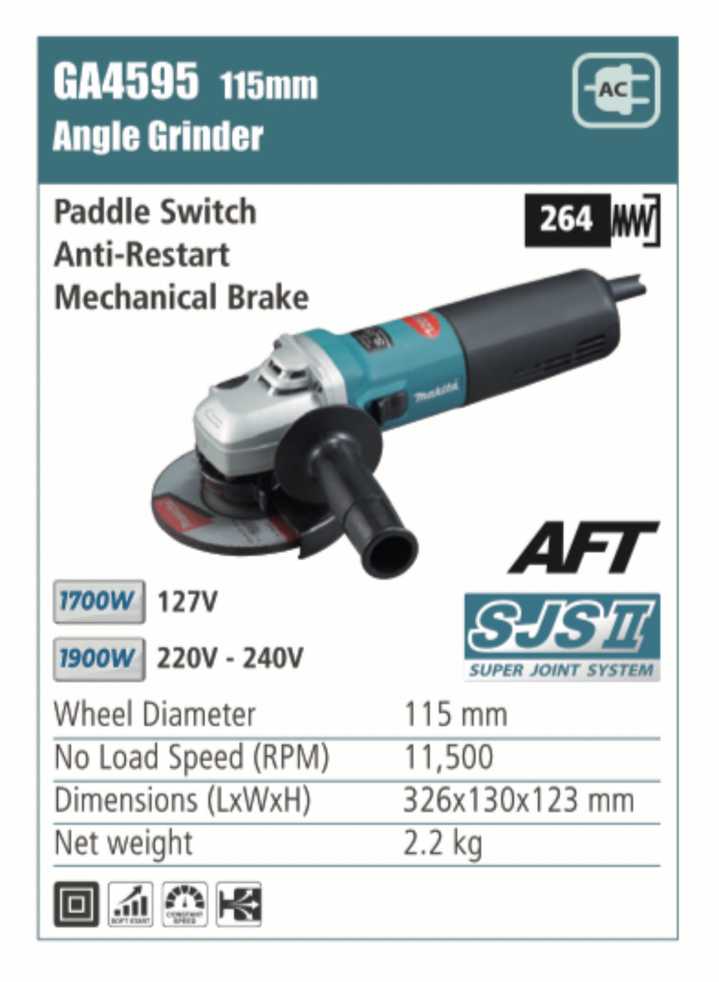 MAKITA angle grinder with paddle switch, anti-restart 1700/1900W