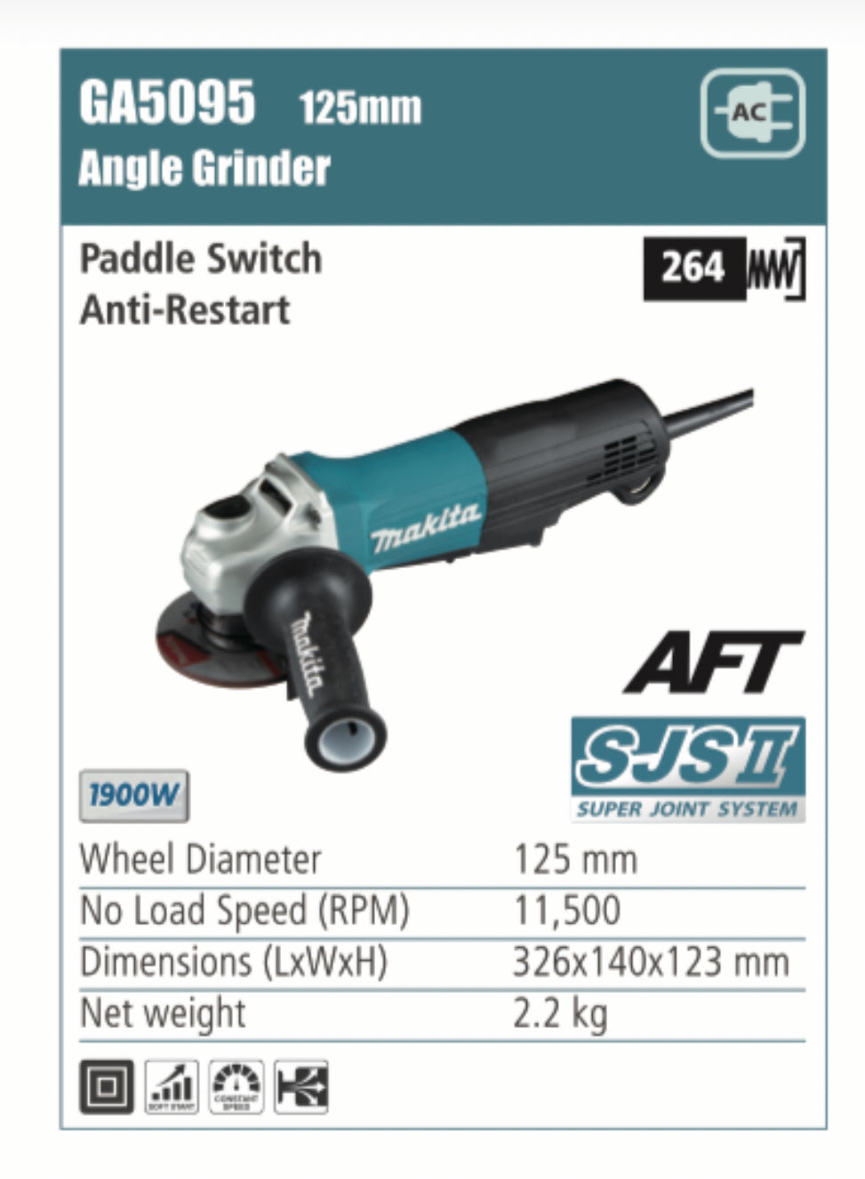 MAKITA Angle with paddle switch, anti-restart, 115mm/125mm wheel diameter, 1700W/1900W