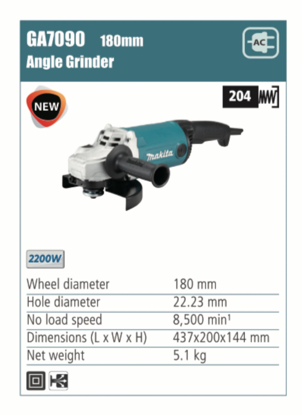 MAKITA Angle Grinder, 180mm/230mm wheel diameter, 2200W