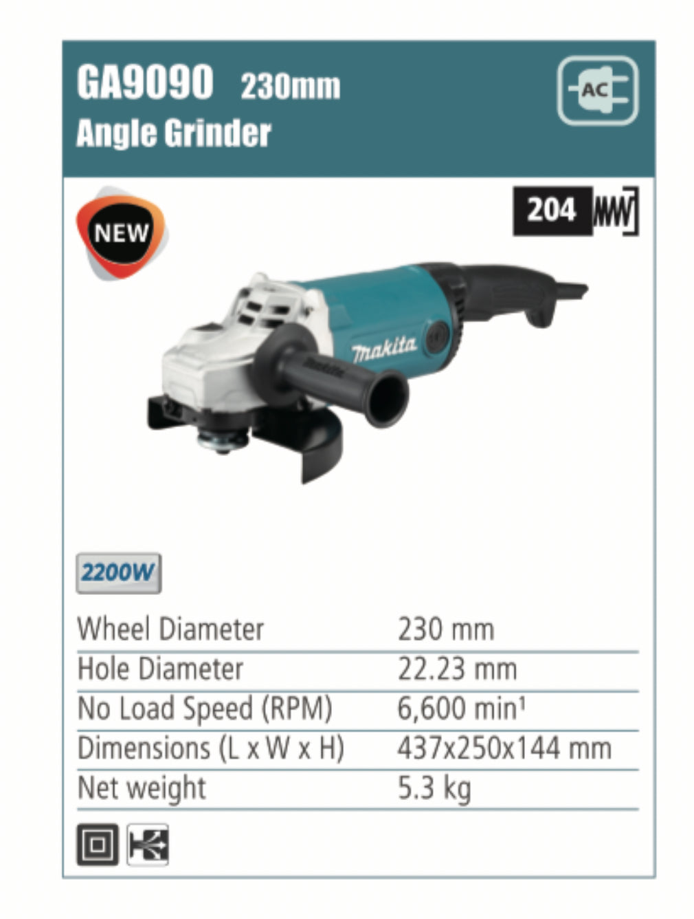 MAKITA Angle Grinder, 180mm/230mm wheel diameter, 2200W