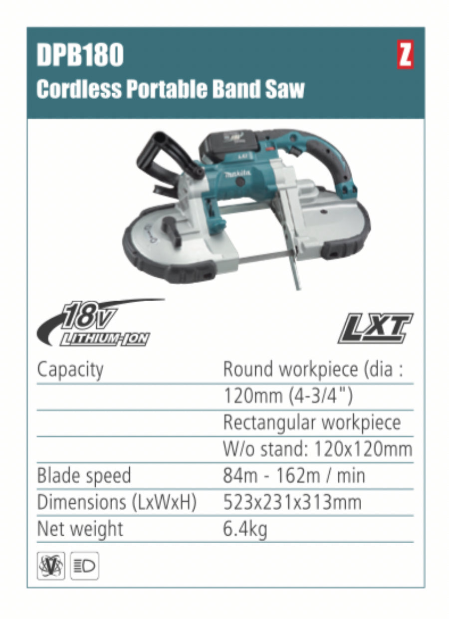 MAKITA DPB180 Cordless Portable Band Saw 120mm x 120mm without stand