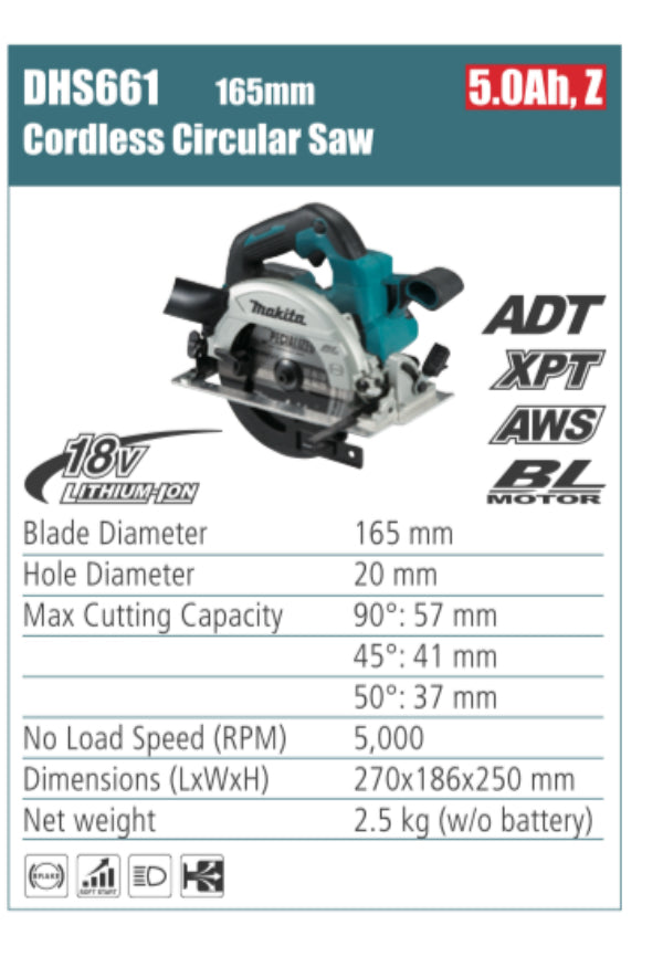 MAKITA circular saw cordless 165mm blade diameter, without battery