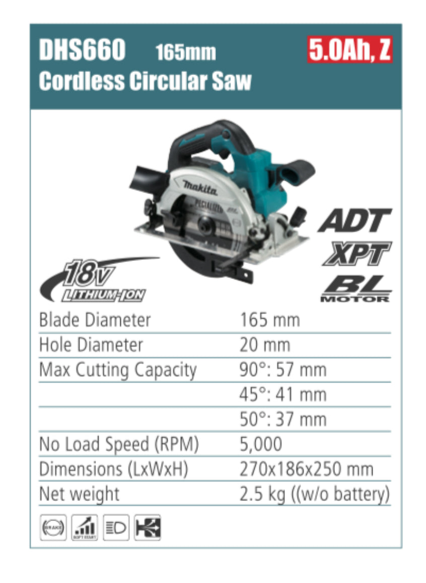 MAKITA circular saw cordless 165mm blade diameter, without battery