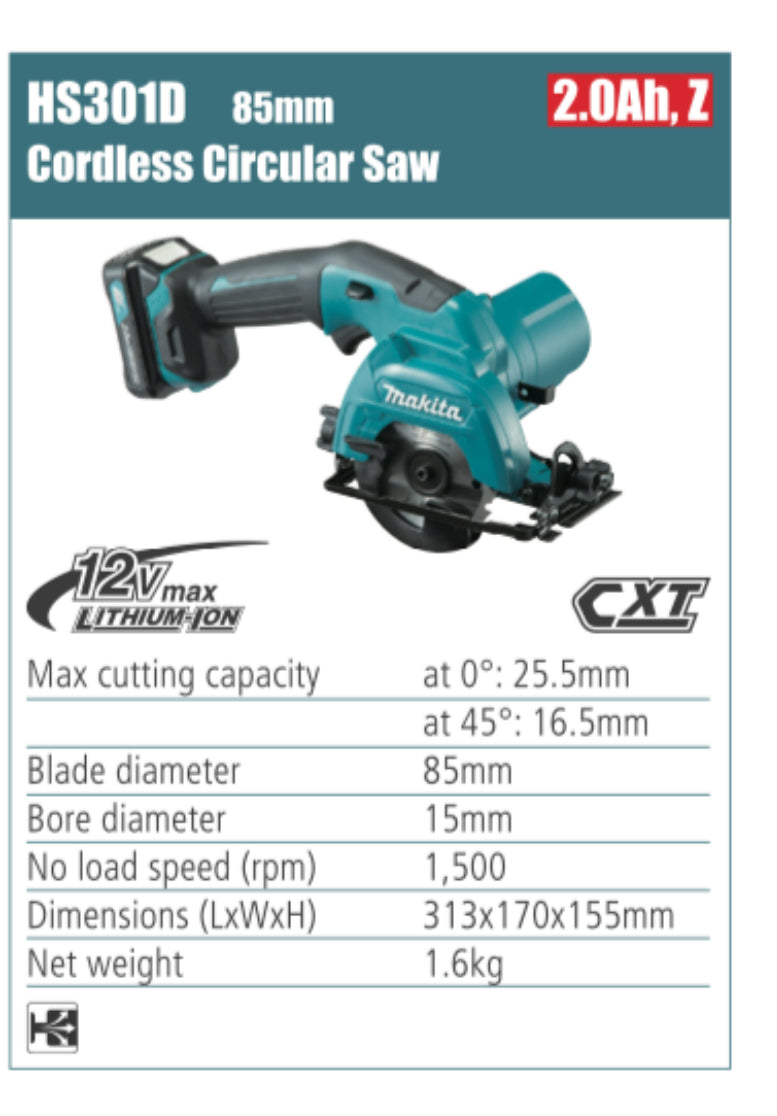 MAKITA HS301D Cordless Circular Saw 85mm blade diameter