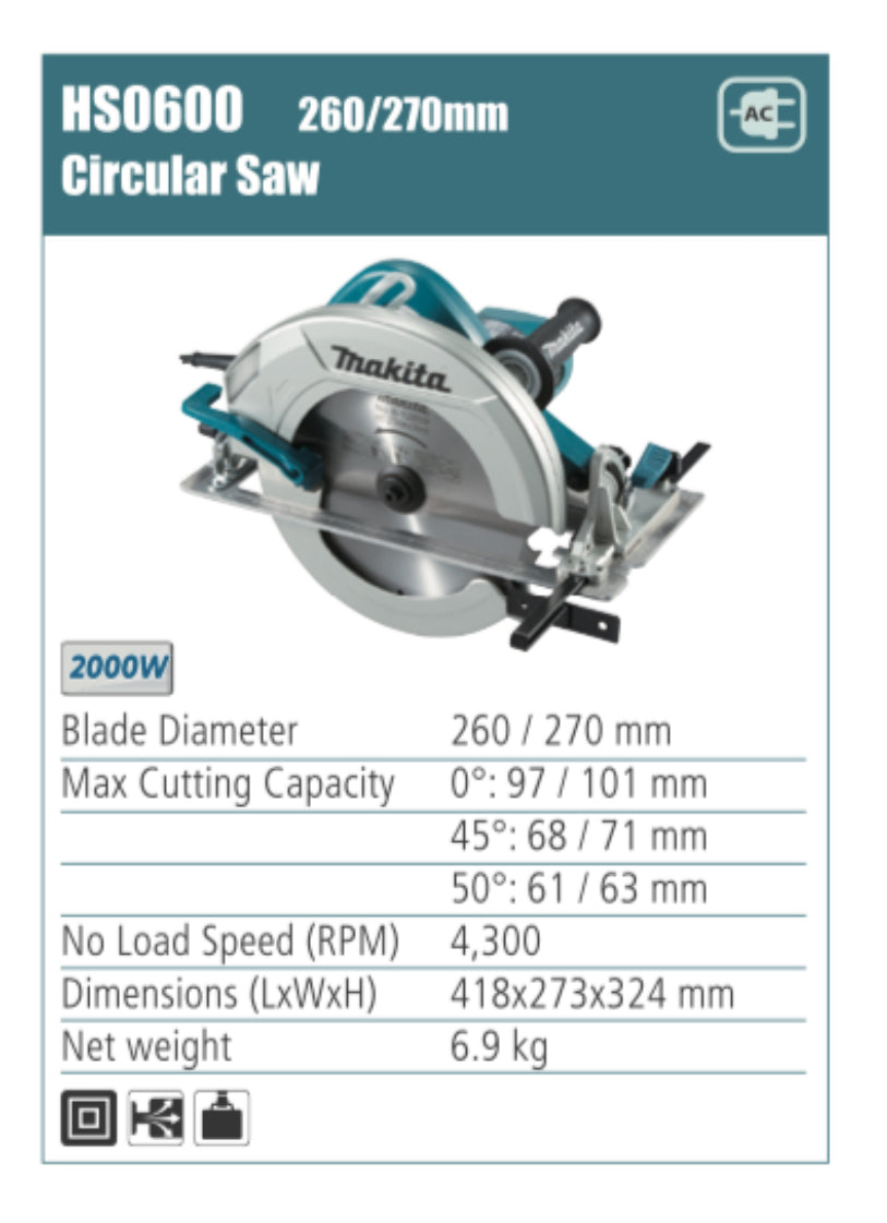 MAKITA HS0600 circular saw, 260mm/270mm blade diameter, 2000W